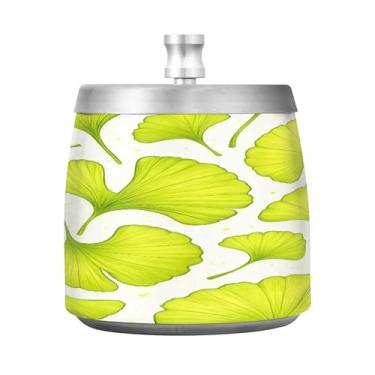 Imagem de Qilmy Cinzeiro de aço inoxidável com tampa padrão de folha de ginkgo - Cinzeiro de cigarro à prova de vento sem cheiro sem fumaça para casa, escritório, carro, pátio, varanda (uso interno e externo)