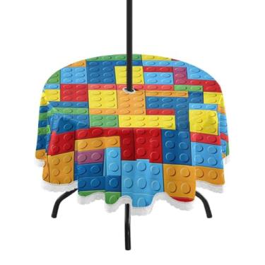 Imagem de Qilmy Building Blocks Toalha de mesa redonda impermeável de 152 cm com orifício para guarda-chuva e zíper – Uso externo / interno resistente para pátio, churrascos, piqueniques, festas (serve para
