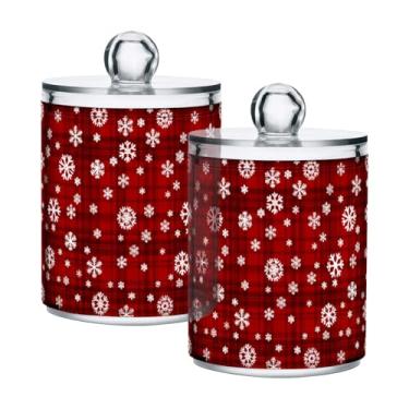 Imagem de Qilmy Qtip Suporte de 400 ml, frasco de armazenamento de boticário de plástico transparente xadrez de floco de neve de Natal com tampa, dispensador de recipiente de banheiro para bola de algodão