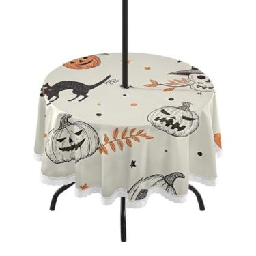 Imagem de Qilmy Toalha de mesa redonda à prova d'água de 152 cm padrão de Halloween com orifício para guarda-chuva e zíper – uso externo / interno resistente para pátio, churrascos, piqueniques, festas (serve