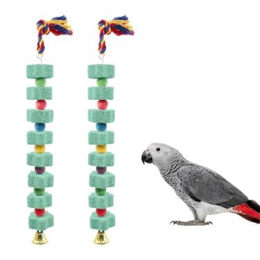 Imagem de Supkeyer Pacote com 2 brinquedos grandes para mastigar pássaros, bico de papagaio, pedra de cálcio com sinos, acessórios para gaiola de pássaros, brinquedos de gaiola para periquito cinza africano