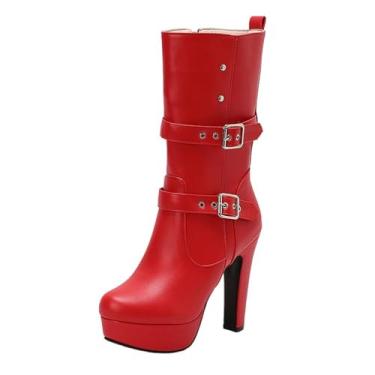 Imagem de Botas de cano médio femininas casuais de inverno bico redondo com zíper interno à prova d'água plataforma e design de salto, várias, Vermelho, 38