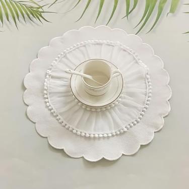 Imagem de Jogo americano redondo com babados, minimalista, resistente ao calor, borda recortada para casa, cozinha, jantar, copos, proteção de placa, branco