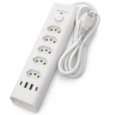 Imagem de Filtro de Linha Com 5 Tomadas 10A 20A + DPS, Extensão Elétrica Bivolt Tripolar, Regua Com 4 USB, USB Tipo C Cabo 2M