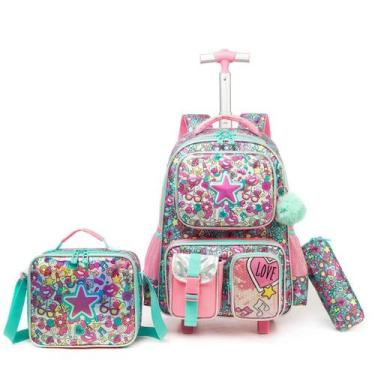 Imagem de Kit Mochila Rodinha Escolar Lequeen Estrela Love Estojo Lancheira Resi