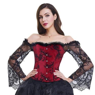 Imagem de Corset Corselet Blusa Modeladora Manga Comprida Renda Linha Clássica Vermelho M449