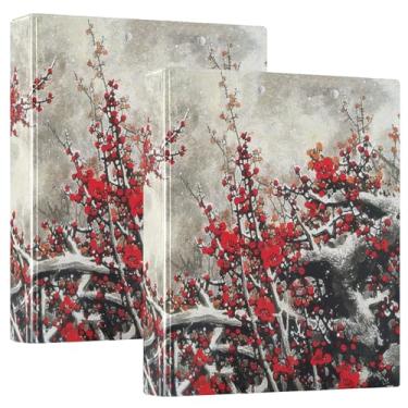 Imagem de Fichários de caderno de 3 anéis vermelhos de flores de inverno estilo japonês, fichários de caderno de 3,5 cm com bolsos internos, pacote com 1/2 material escolar capa dura