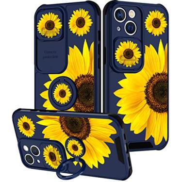 Imagem de Goocrux (2 em 1 para iPhone 13 Mini capa girassol floral para mulheres meninas capa de telefone feminina design de flores fofas com capa de câmera deslizante + suporte de anel capas azuis exclusivas para iPhone13 Mini 5,4 polegadas