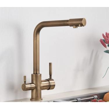 Imagem de Filtro de níquel escovado torneira da cozinha água potável torneira da cozinha deck montado alças duplas misturador de água fria de 3 vias, latão antigo