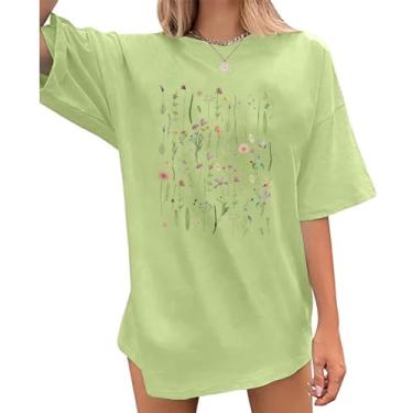 Imagem de Wrenpies Camiseta feminina com estampa floral boêmia, vintage, flores silvestres, cottagecore, jardins, amantes do jardim, B - verde, M