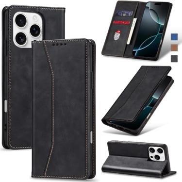 Imagem de Jasonyu Flip Carteira Capa para iPhone 16 Pro,Capinha Folio Magnética de Couro com Suporte para Cartão,Suporte para Chute - Protetora Durável de TPU à Prova de Choque para Telefone,Preto