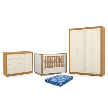 Imagem de Dormitório Tutto New 4 Portas, Cômoda 1 Porta e Berço com Capitonê e Colchão Physical - Matic Móveis