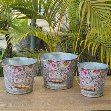 Imagem de Kit 3 Vasos Floreiras Metal Galvanizado Com Alça 17x23 - Vacheron, Met