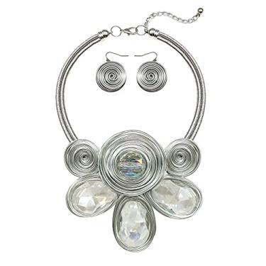 Imagem de Colar de declaração africana volumoso para mulheres, conjunto de brincos de bijuteria tribal com pingente de cristal, gargantilha feita à mão, Cristal, não conhecido,