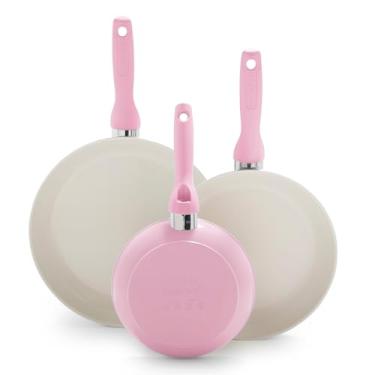 Imagem de GreenPan Rio – Conjunto de frigideiras de 3 frigideiras anodizadas saudáveis, 17,8 cm, 24 cm e 28 cm, cabo macio, livre de PFAS, lavável na lava-louças, seguro para forno, rosa