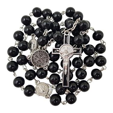 Imagem de Contas de vidro preto de 8 mm com colar de ouro católico, medalha de São Bento e crucifixo em caixa de presente