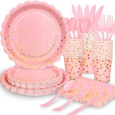 Imagem de 175 guardanapos de pratos de ouro rosa rosa para festas, suprimentos descartáveis de festa rosa e dourado, garfos de plástico, facas de colheres, papel de bolinhas douradas, 23 cm para chá de bebê