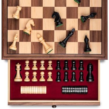 Imagem de A&A 15 inch Walnut Wooden Chess Sets w/ Storage Drawer / Triple Weighted Chess Pieces - 3.0 inch King Height/ Walnut Box w/Walnut & Maple Inlay / 2 Extra Queen / Classic 2 in 1 Board Games