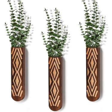 Imagem de Sawoake Conjunto De 3 Vasos Parede Madeira - Decoração Boêmia Moderna Para Sala Estar, Quarto E Banheiro Vaso Versátil Com Acabamento Em Nogueira Flores Secas, Folhagens Artificiais Plantas Interior