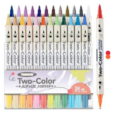 Imagem de TRANSON Conjunto de marcadores de tinta acrílica de 48 cores, 24 peças de canetas de tinta acrílica de ponta dupla com pontas de pincel, versáteis para colorir, pintura acrílica, pintura rupestre