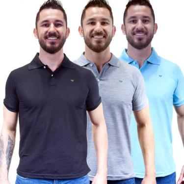 Imagem de Kit 3 Camisas Gola Polo Masculina Piquet Lisa Camisaria Colombo, Azul,