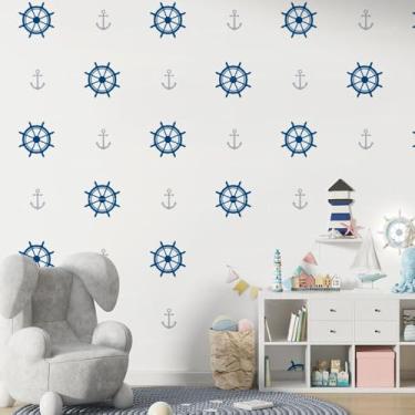 Imagem de Adesivo de Parede Infantil Marinheiro 10 Timão azul e âncoras, decoração náutica para quarto de bebê