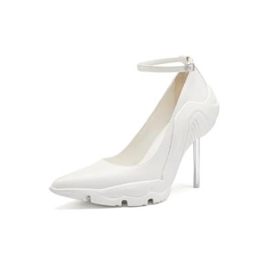 Imagem de Tsrenlmln Salto agulha feminino moderno bico fino salto de metal prata 8 cm salto alto sapatos, Branco, 40