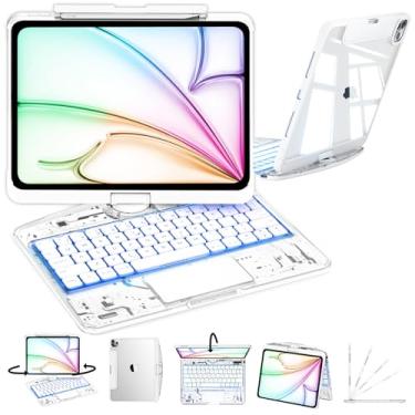 Imagem de CNAIDUNR Capa com teclado giratório de 360° para iPad Pro 27.9 cm (2024), parte traseira rígida transparente de policarbonato, trackpad, luz de fundo e suporte de lápis, capa de teclado com luz de