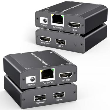 Imagem de Extensor HDMI USB KVM Over Cat 6/7 1080p @60Hz KVM Extender 150M/492FT HDMI Over Ethernet transmissor receptor suporta teclado mouse, função POC sem latência, fonte de alimentação única