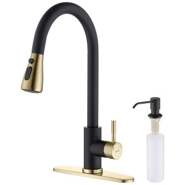 Imagem de Torneira Cozinha com Dispensador de Sabão, Pulverizador de 3 Modos, Aço Inoxidável, Keer, Preto Fosco e Dourado