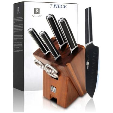 Imagem de Conjunto de Facas em Aço Inoxidável com Bloco de Bancada, 7 Peças, HANMASTER, Preto