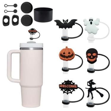 Imagem de 13 peças de capa de canudo de silicone de Halloween para copo Stanley de 1,134 g/850,5 g, conjunto de acessórios de topo de canudos fantasma de morcego fofo abóbora aranha fantasma para presentes