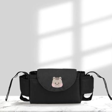 Imagem de Bolsa para pendurar no berço com bordado de desenho animado, bolsa de vários bolsos para fraldas, garrafas, lenços umedecidos para uso de cabeceira (preto)