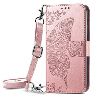 Imagem de ONV Capa tipo carteira compatível com Google Pixel 7 Pro - Cordão longo transversal borboleta couro em relevo capa fólio com compartimento magnético para cartão + capa TPU para Google Pixel 7 Pro [HZD