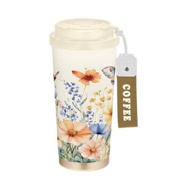 Imagem de SEHANY Caneca de viagem borboleta e flores de 482 ml Copos de café reutilizáveis revestidos de cerâmica com tampa à prova de vazamento, parede dupla, isolamento a vácuo, copo de café de aço inoxidável