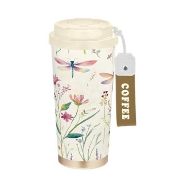 Imagem de SEHANY Caneca de viagem colorida de ervas silvestres de 500 ml Copos de café reutilizáveis revestidos de cerâmica com tampa à prova de vazamento, parede dupla, isolamento a vácuo, copo de café de aço