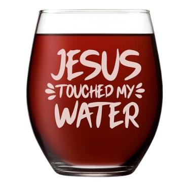 Imagem de Kropsis Taça de vinho Jesus Touched My Water – Presente cristão engraçado, taça de vinho sem haste para mulheres e homens, presente de novidade religiosa para aniversário, Páscoa, amigos da igreja