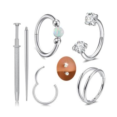 Imagem de MODRSA 4 peças de brincos de cartilagem de prata para mulheres, piercing de hélice, opala brinco de argola dupla, clicker tragus, argola, segundo orifício, para mulheres, anel de septo, 18 g