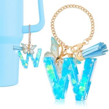 Imagem de DECZHIYU Berloques iniciais para acessórios Stanley Cup, pingentes de letra W para copo Stanley com alça, pingentes azuis para bolsas de mão, mochilas, pingentes fofos de letra inicial com borla de