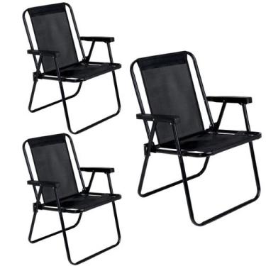 Imagem de Kit 3 Cadeiras de Praia Alta Dobrável Aço Preto 110Kg - 2059 Mor