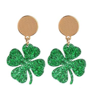 Imagem de Brincos pendentes de dia de São Patrício em acrílico irlandês trevo verde da sorte trevo verde para mulheres meninas joias de férias, Acrílico Zinco, Sem pedra preciosa