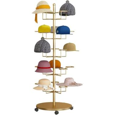 Imagem de Suporte giratório moderno comercial com rodas – Organizador vertical de metal para perucas, bonés e chapéus – Solução de armazenamento de chapéus de 4 a 8 níveis