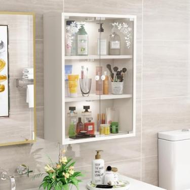 Imagem de Armário de parede de madeira com portas de vidro, armazenamento de exibição de 2/3 níveis para casa e escritório, decoração de banheiro que economiza espaço, prateleira iluminada elegante para sala de