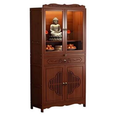 Imagem de Mesa de altar pessoal de madeira com armazenamento, armário de meditação de Buda chinês, mesa de oferta de pedestal com queimador de incenso gravado vintage (68 cm/26,7")