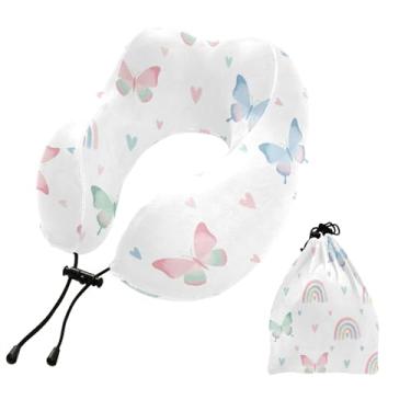 Imagem de Burbuja Almofada de pescoço de borboletas arco-íris para viagem, almofada de viagem de espuma viscoelástica para dormir, suporte de cabeça de avião de carro, lavável na máquina e portátil