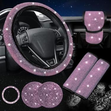 Imagem de Conjunto de Acessórios Automotivos 7 Peças - Capa de Volante com Strass Brilhante e Capas de Cinto de Segurança, Decorativo e Protetor (Rosa,38cm)
