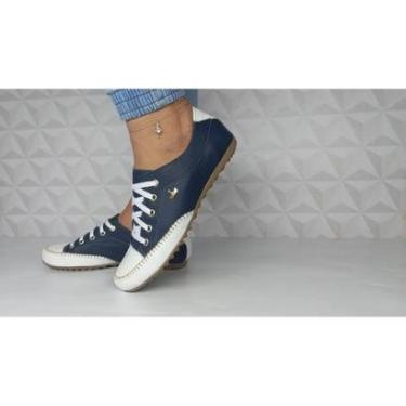 Imagem de Sapatênis Tênis Feminino Azul Marinho De Couro Cadarço Confort-Feminino