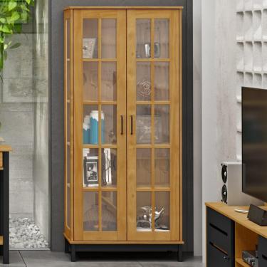 Imagem de Cristaleira Armário 2 Portas Vidro 4 Prateleiras Multiuso Sala De Estar Cozinha Marrom Madeira Preto