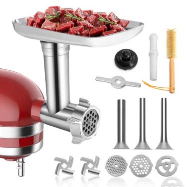 Imagem de Acessório de moedor de carne para batedeira KitchenAid – Moedor de alimentos de metal com 4 placas de moagem, 3 tubos de enchimento de salsicha e 2 lâminas – Compatível com misturadores KitchenAid