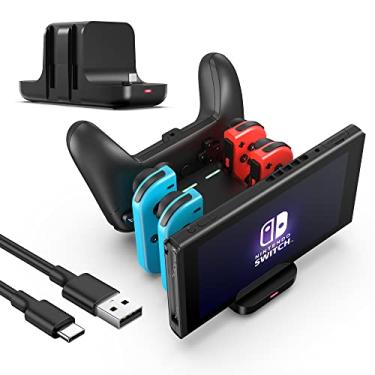 Imagem de RHOTALL Base de carregamento para Nintendo Switch, OLED e Lite, estação de carregamento preta 6 em 1 para Joycon e Pro Controller, com indicador LED e cabo de carregamento tipo C